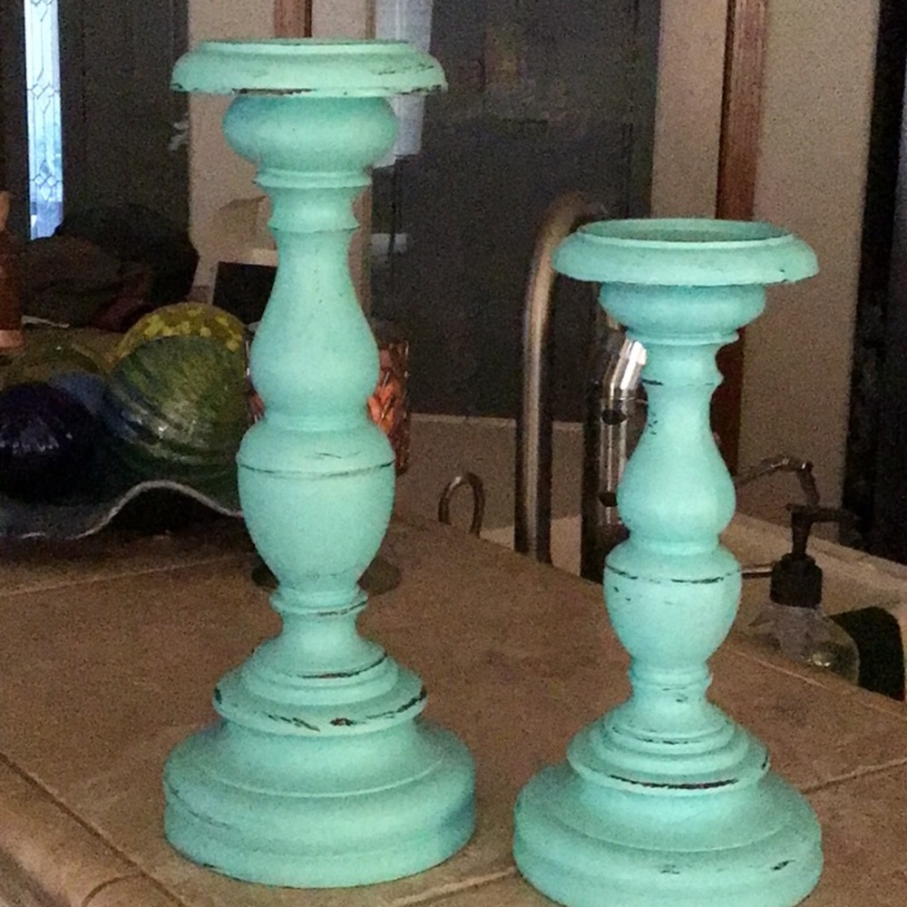 Two teal blue distressed Candlesticks